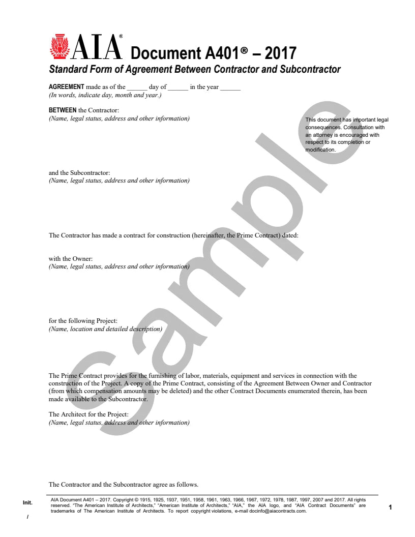 AIA A401 Standard Form of Agreement Between Contractor and Subcontractor