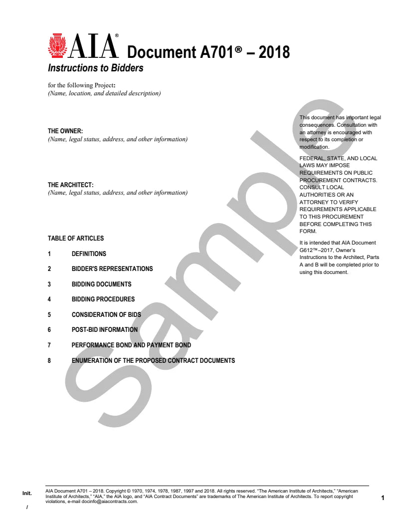 AIA A701 Instructions to Bidders