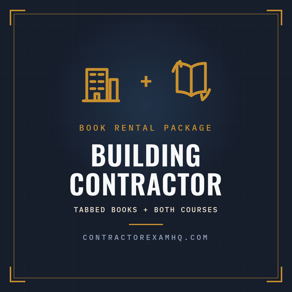 Florida Building Contractor book rental package, tabbed and highlighted books plus both courses, refundable deposit, current approved edition at time of order, ships in 48 hours