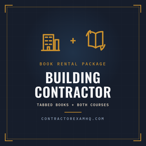 Florida Building Contractor book rental package, tabbed and highlighted books plus both courses, refundable deposit, current approved edition at time of order, ships in 48 hours