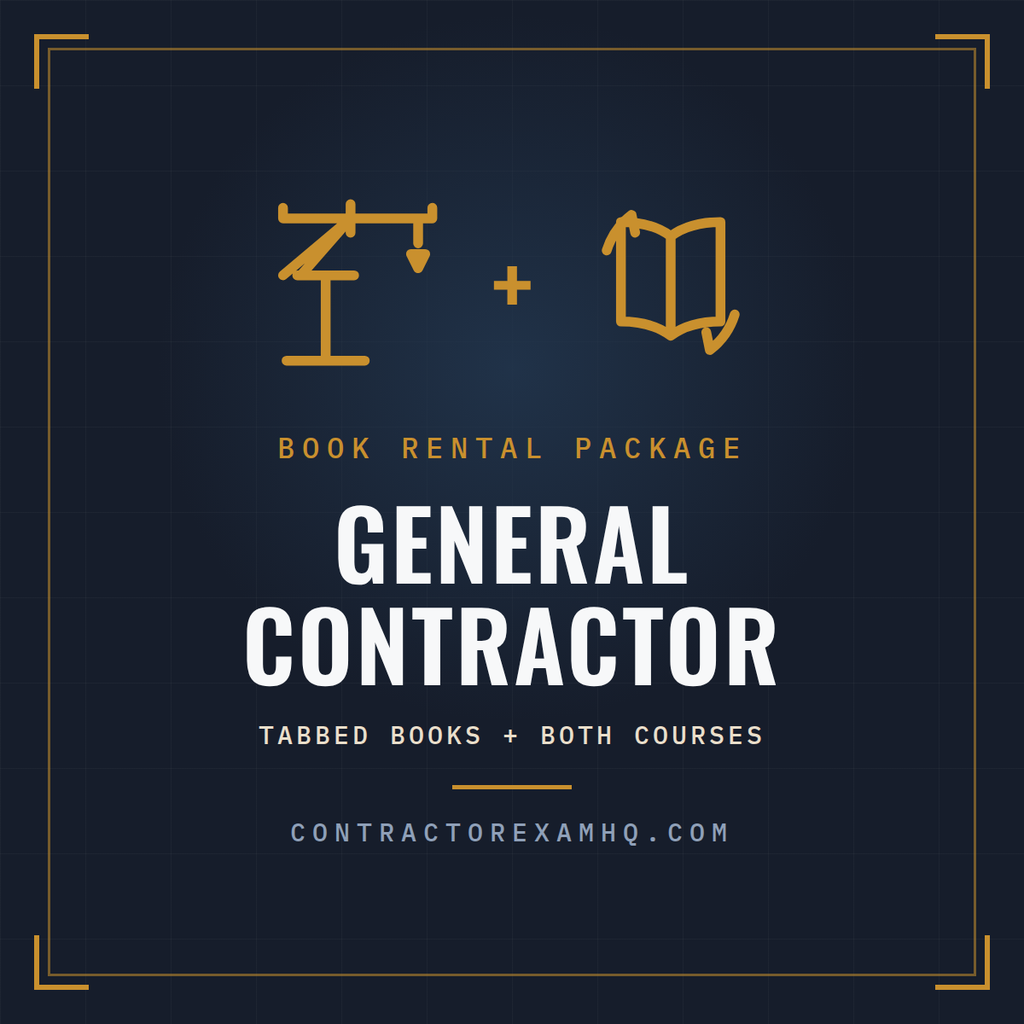 Florida General Contractor book rental package, tabbed and highlighted books plus both courses, refundable deposit, current approved edition at time of order, ships in 48 hours