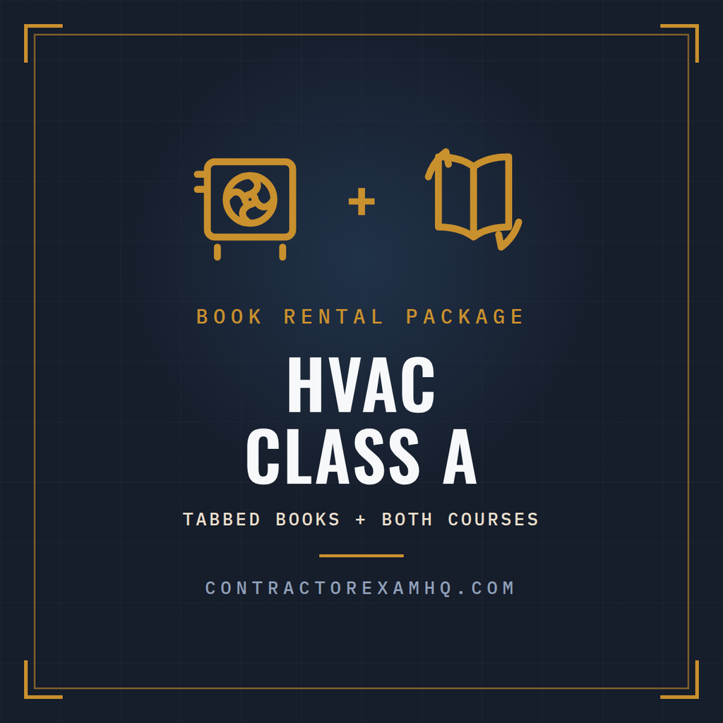 Florida HVAC Class A book rental package, tabbed and highlighted books plus both courses, refundable deposit, current approved edition at time of order, ships in 48 hours