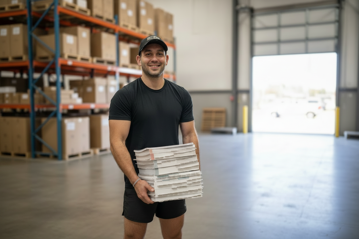 ContractorExamHQ founder holding the complete tabbed Florida contractor exam library in the fulfillment warehouse